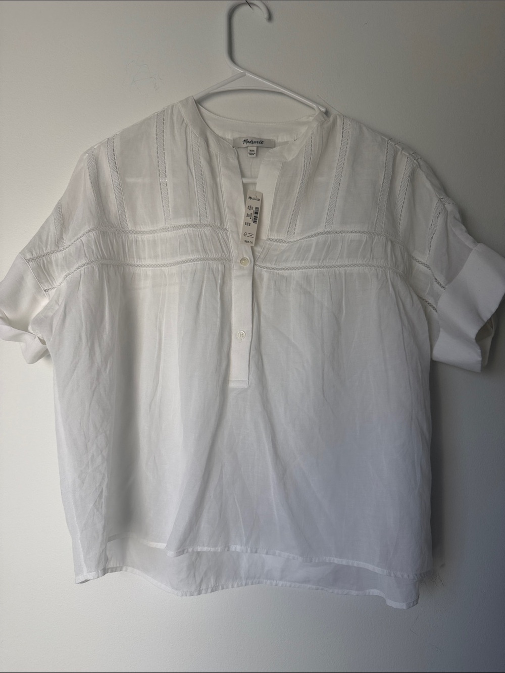 Madewell White Cotton Pintuck Henley Peasant Top